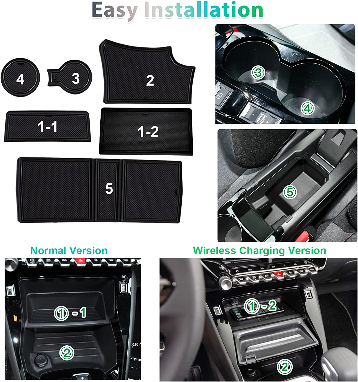 Antirutschmatten für Mittelkonsole, Getränkehalter usw. Komplettset 6-teilig - Peugeot e-208 (BJ 2019-heute)